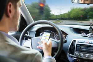 distracted driver - Person Sending Text Message By Mobile Phone While Driving Car