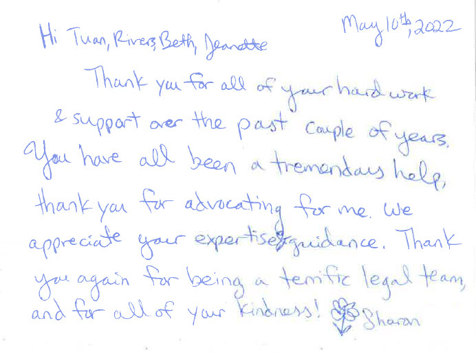 Recent Car Accident Client Note of Thanks